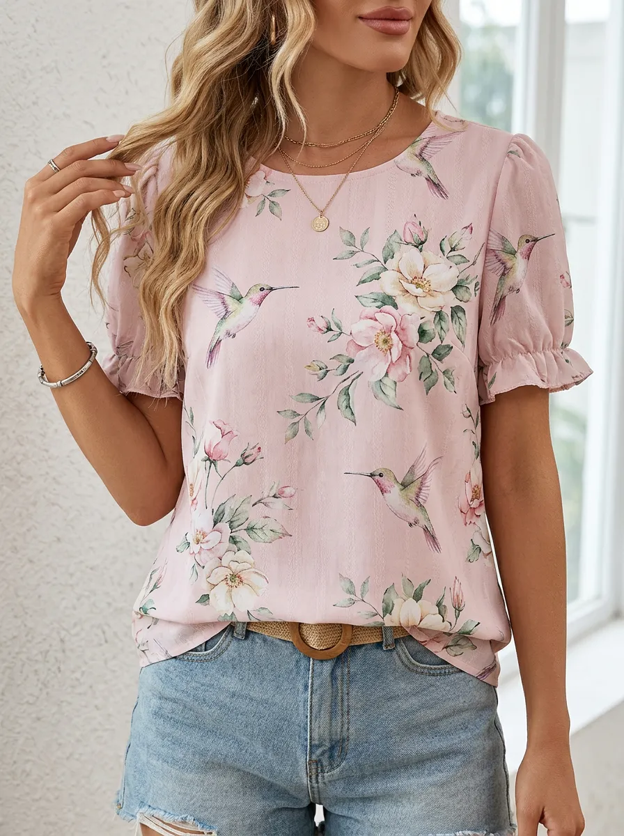 Nature-Inspired Hummingbird Floral Women's Loose Printed T-Shirt