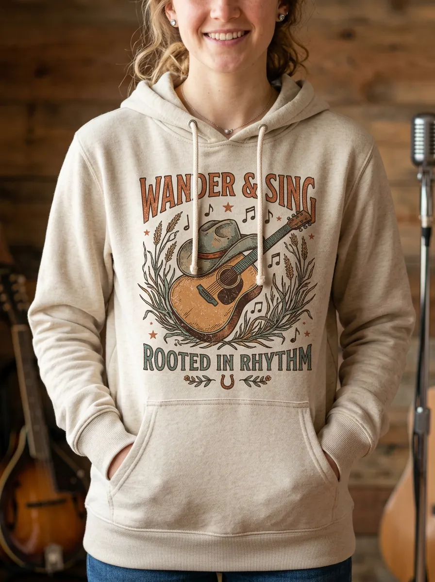 Acoustic Country Music Guitar Cowboy Hat Pullover Hoodie