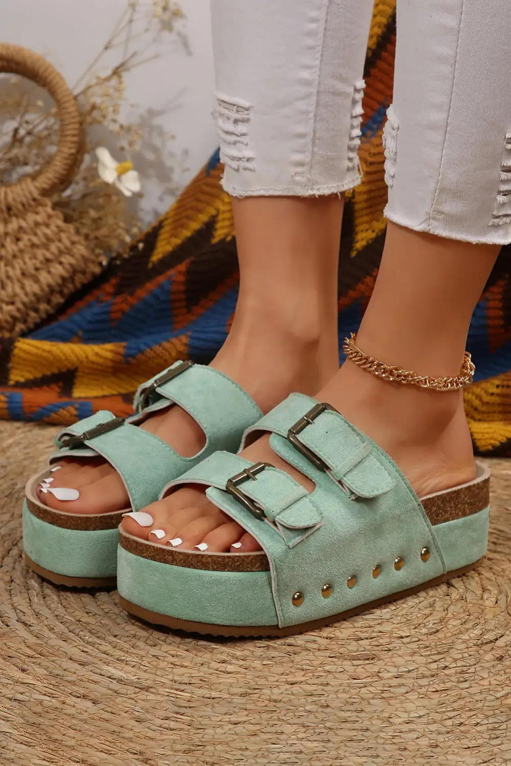 Suede Buckle Footbed Sandals