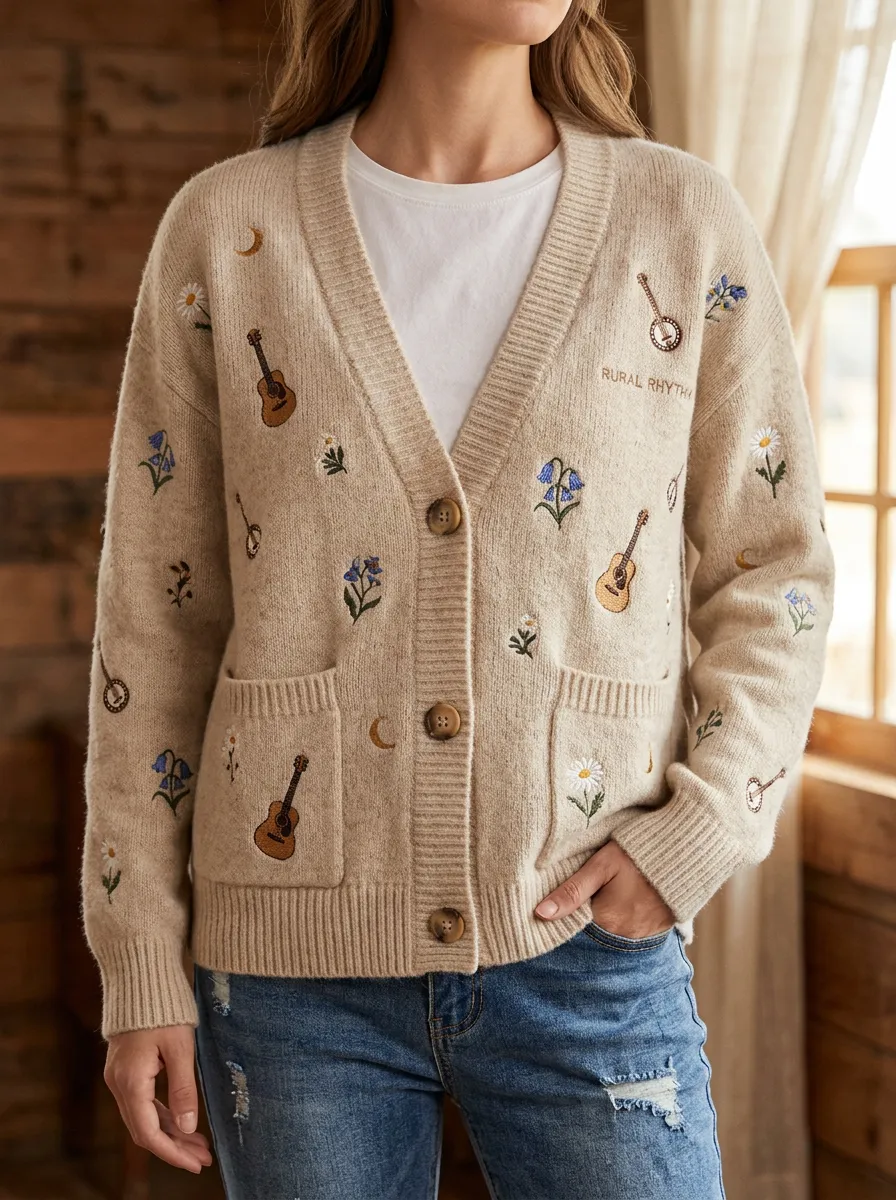 Countryside Guitar Floral Women's Country Music Casual Cardigan
