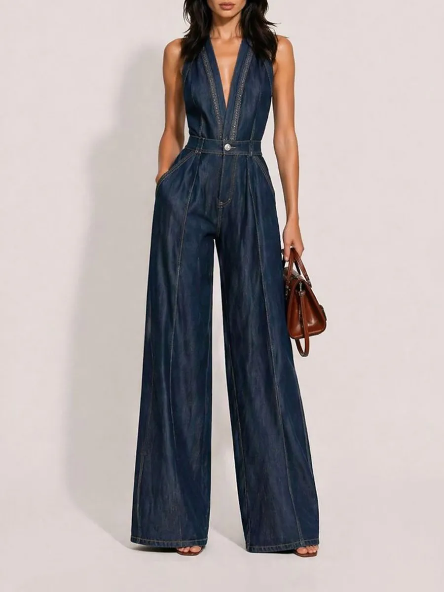 Clementine Casual Retro V-Neck Sleeveless Denim Jumpsuit