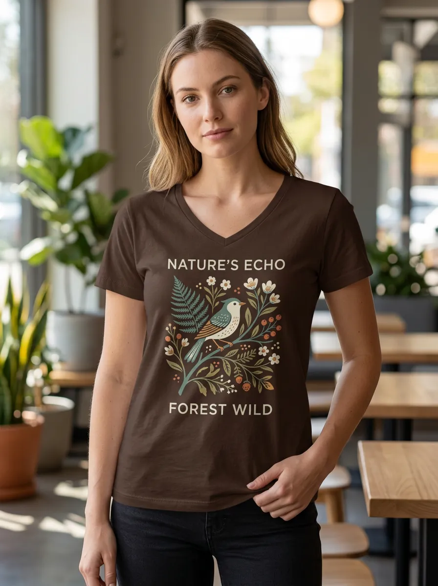 Women's Nature Lover Bird Fern Floral Printed V-neck T-shirt