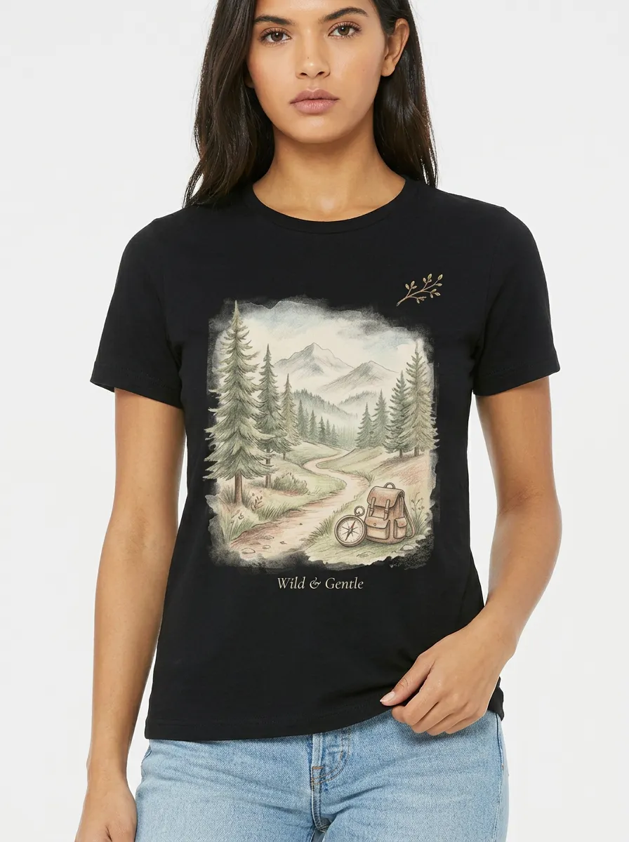 Women's Hiking Nature Lover Mountain Compass Printed T-shirt