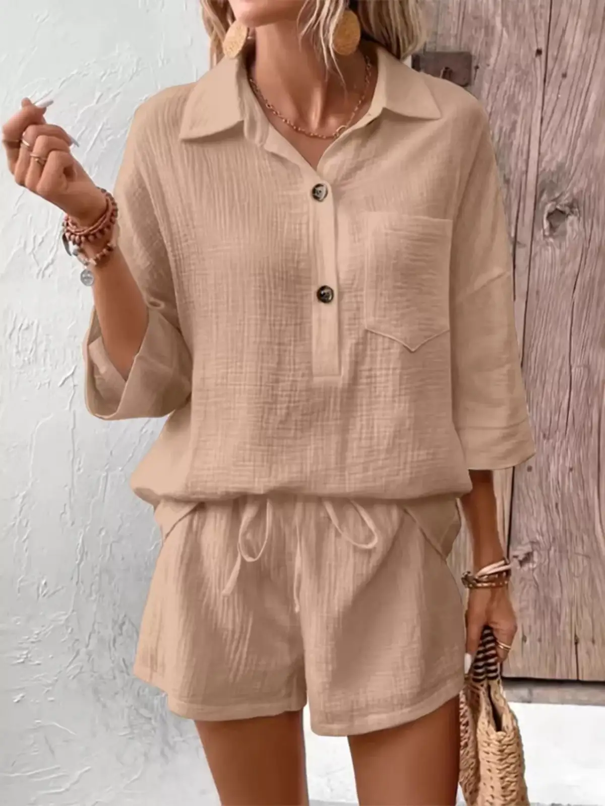 Button-Detail Pocketed Cotton Top and Shorts Matching Set