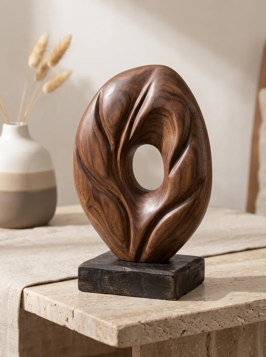 Modern Minimalist Abstract Wood Carved Hollow Sculpture Ornament
