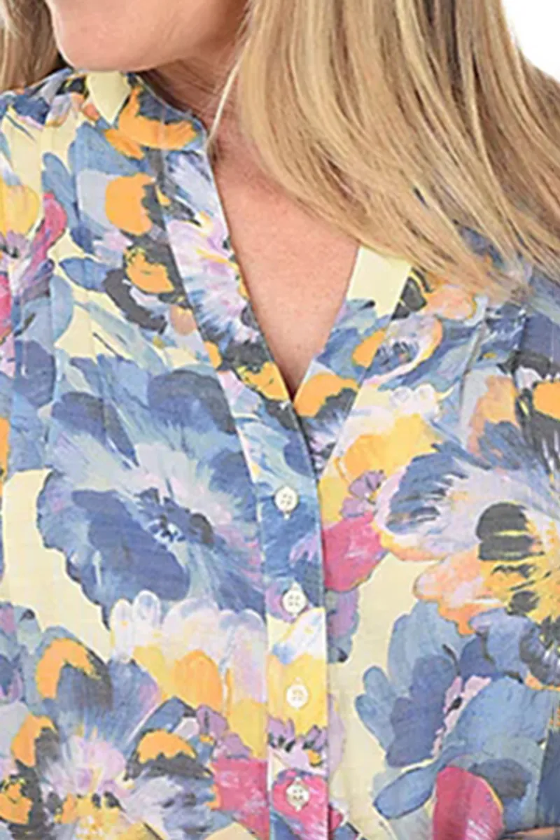 Pansy Flowers Pleated Front Roll Sleeve Blouse