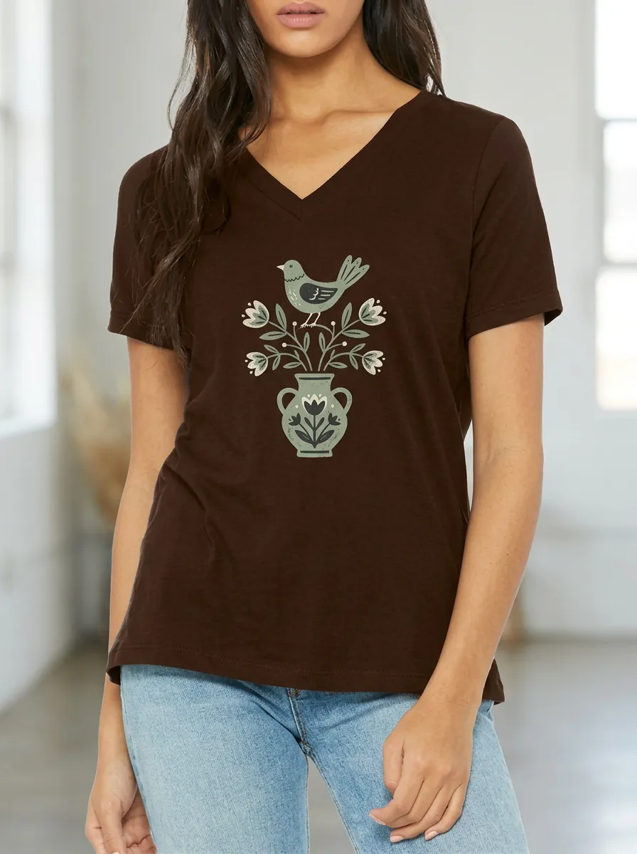 Women's Folk Art Bird and Floral Vase Printed V-neck T-shirt