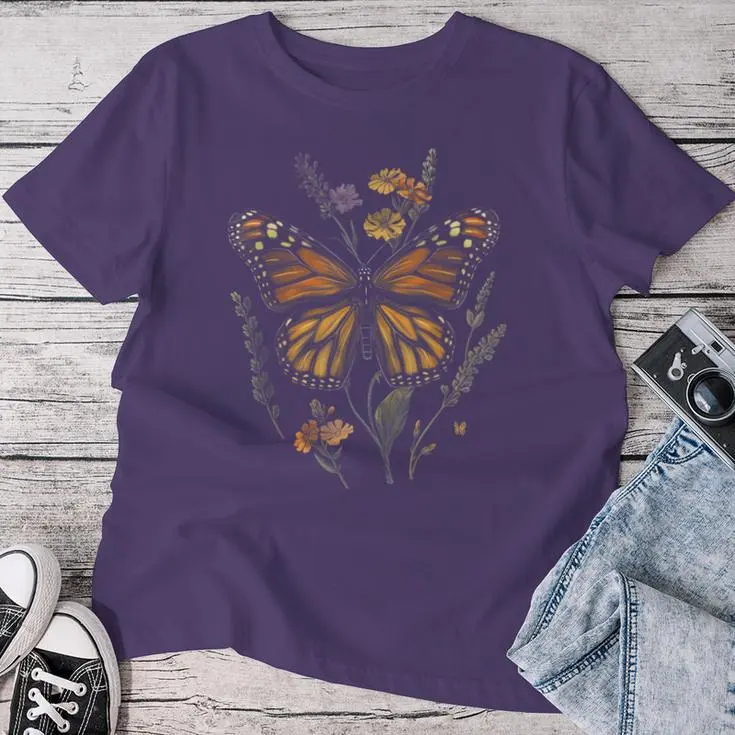 Vintage Monarch Butterfly Verbena Flower Women T-shirt
