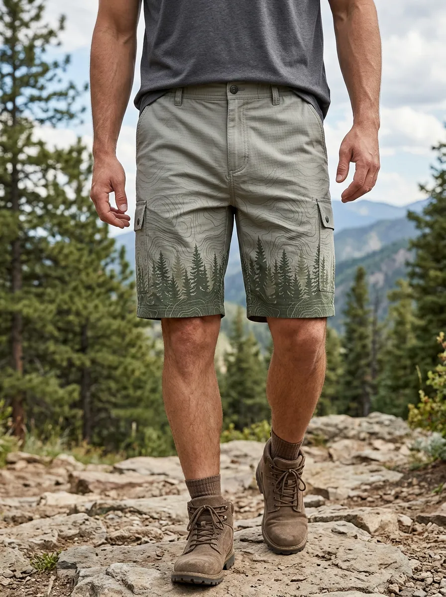 Men's Outdoor Hiking Forest Topographic Cargo Shorts