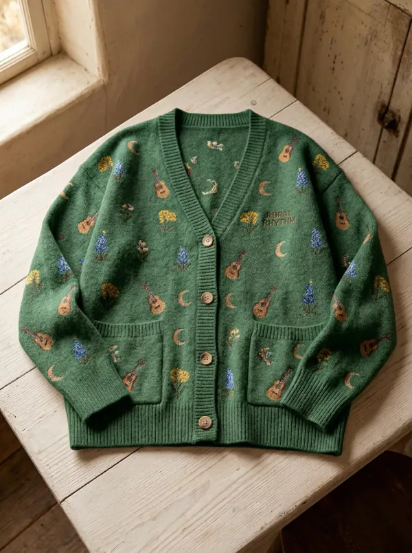 Guitar Floral Moon Embroidered-Detail Women's Country Music Knit Cardigan