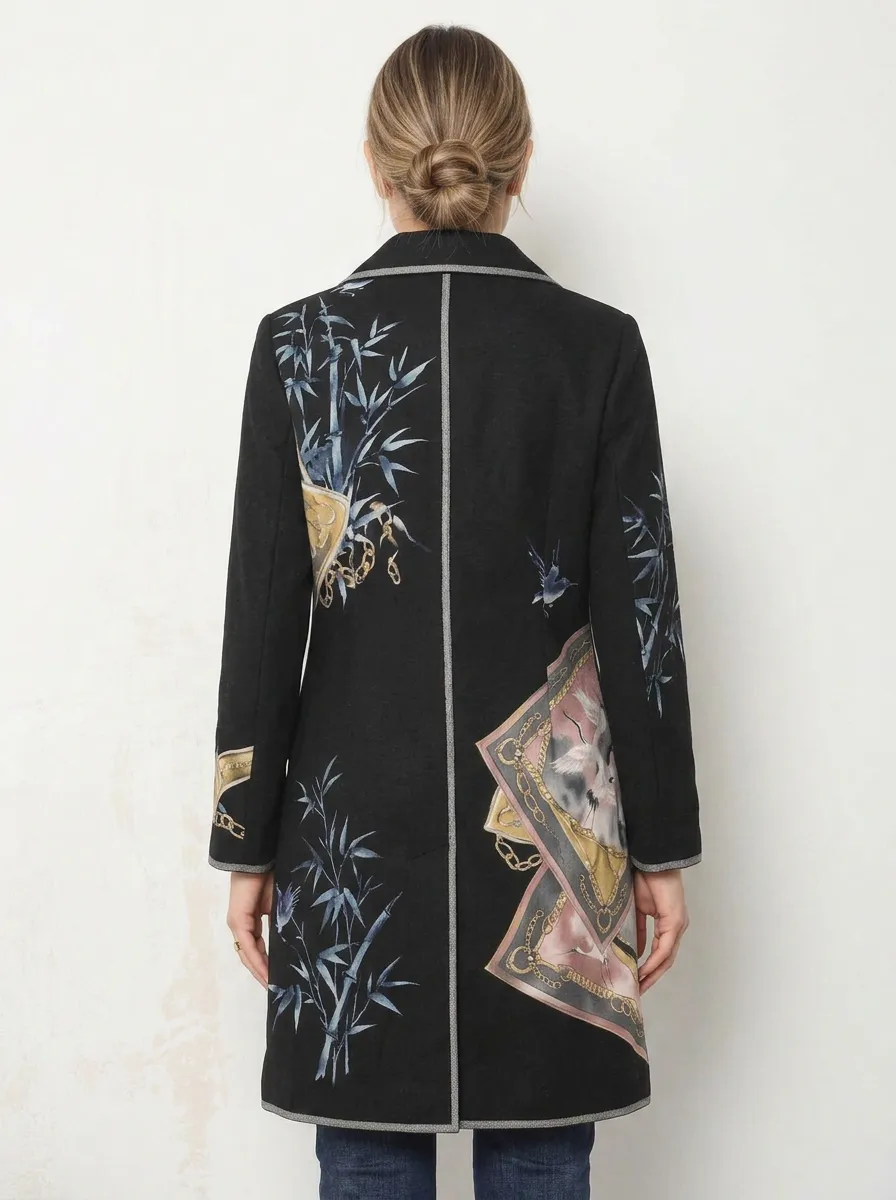 Women's Oriental Crane Bamboo Chain Printed Blazer Coat