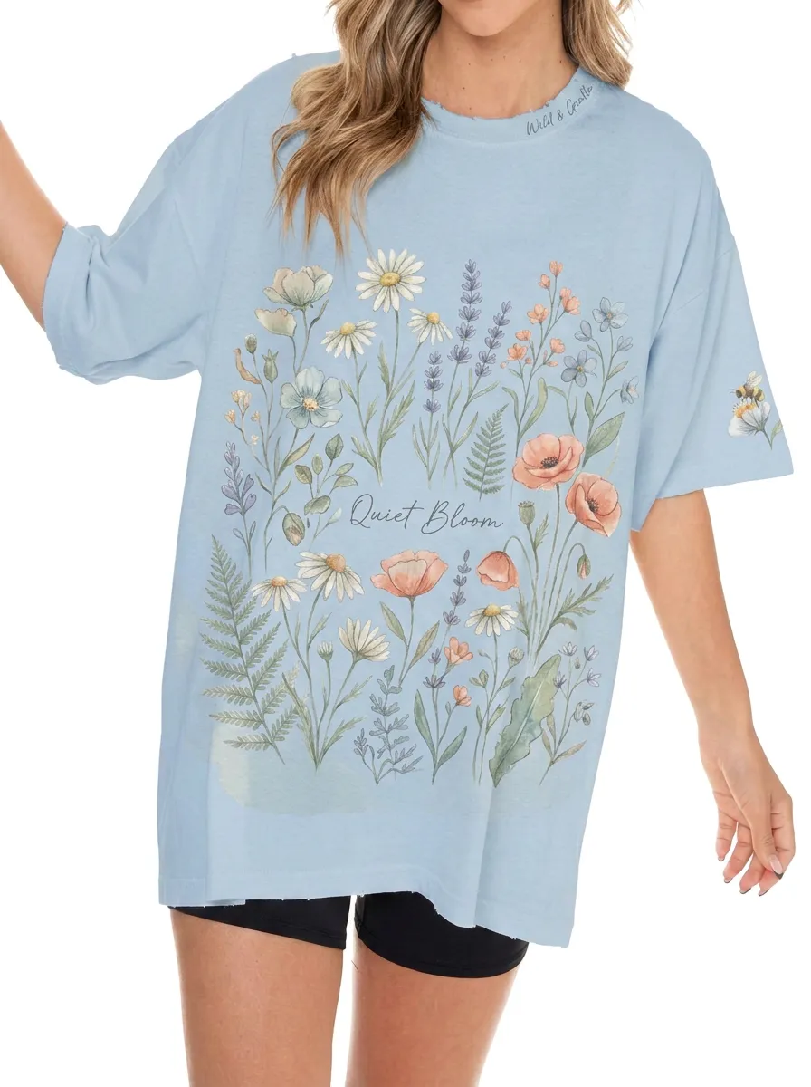 Women's Quiet Bloom Wildflower Bee Printed T-shirt