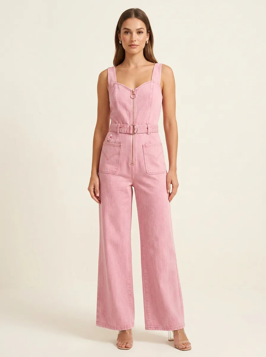 Pink Relaxed Floral Embroidered Zip-Front Denim Jumpsuit