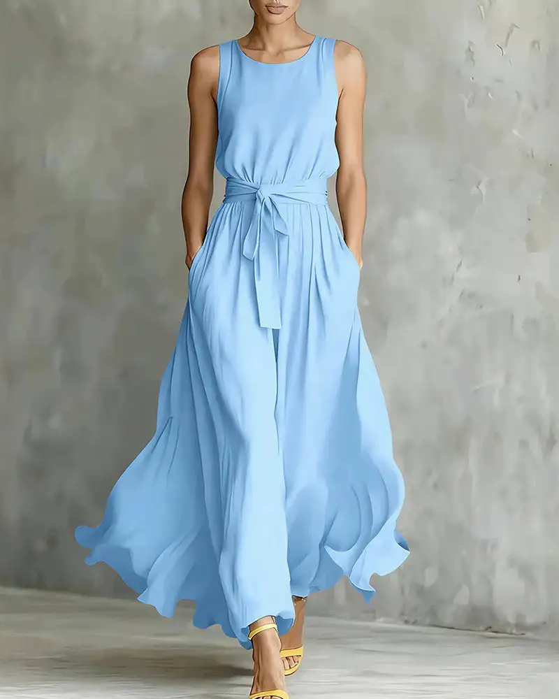 Sleeveless Tie-Waist Flowy Maxi Dress