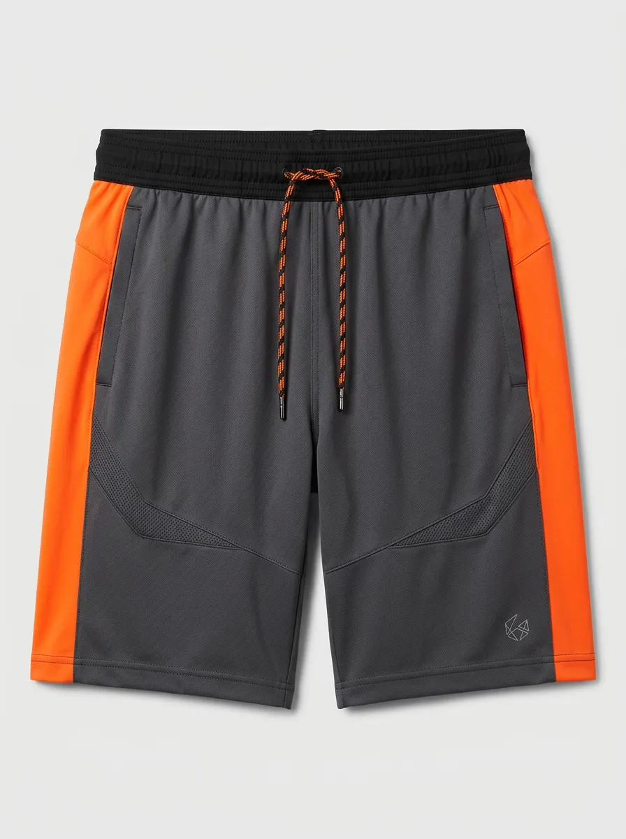 Men's Sporty Grey Orange Colorblock Drawstring Athletic Shorts
