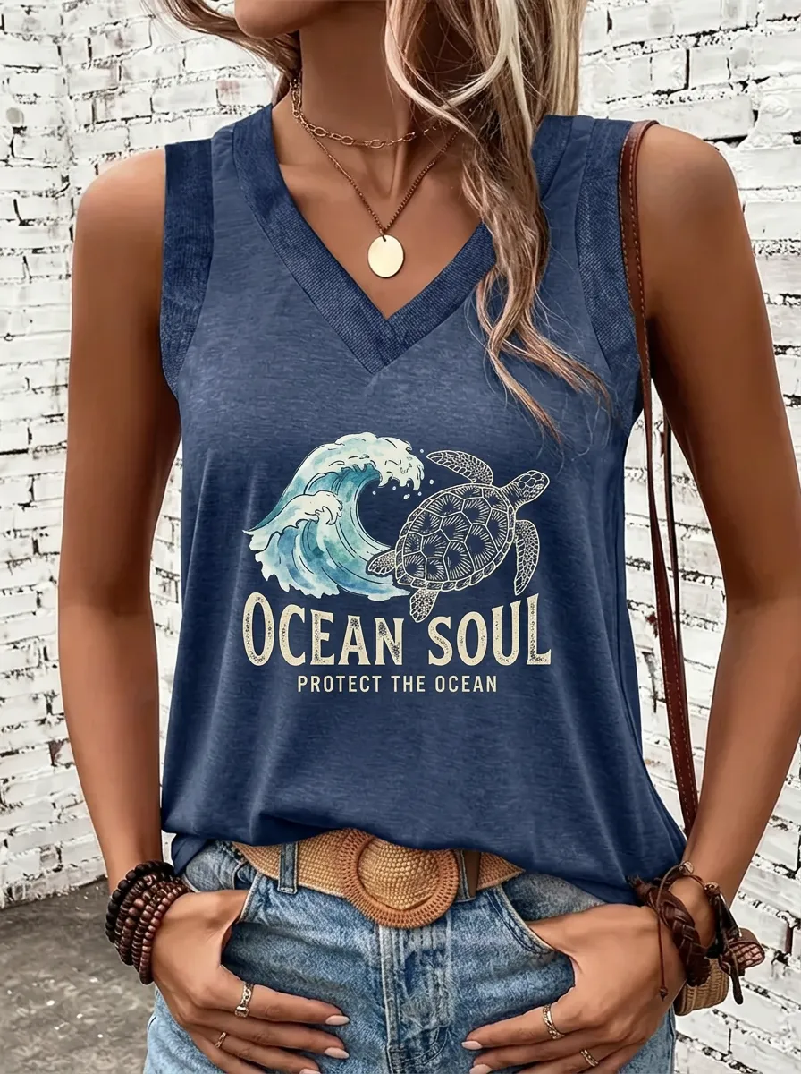 Women's Ocean Lover Sea Turtle Wave Printed V-Neck Tank Top