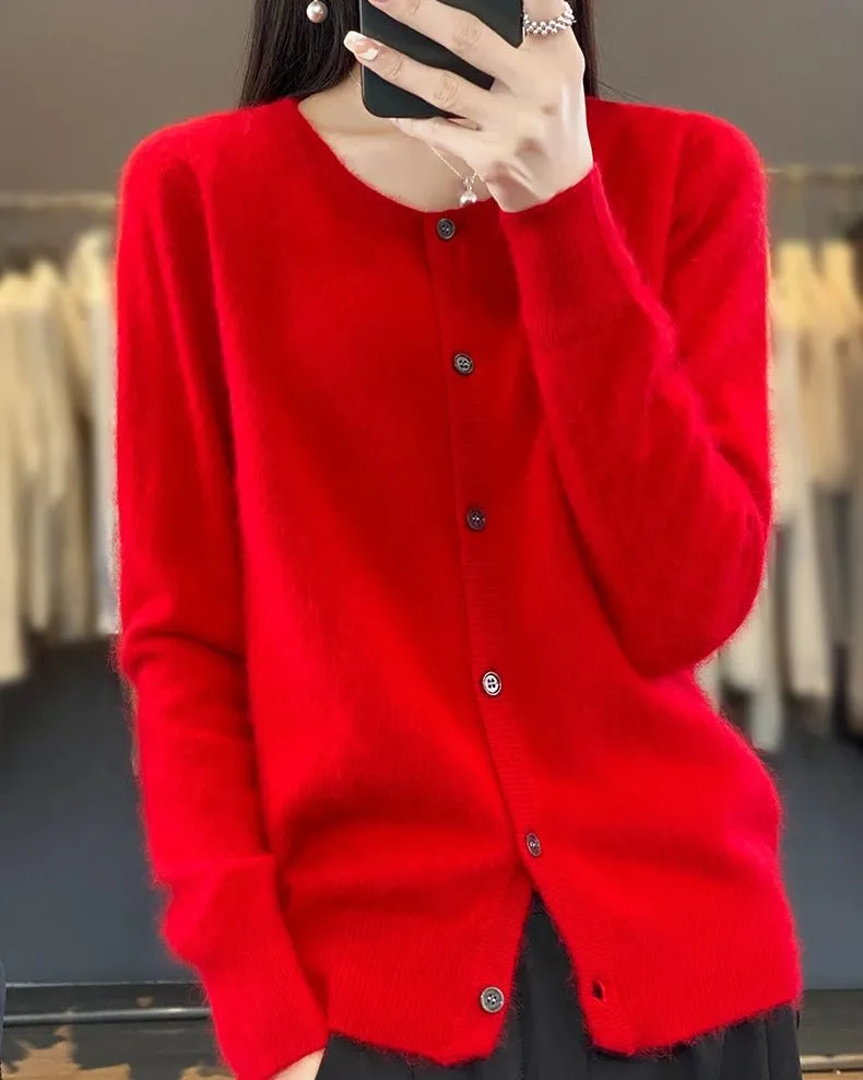 Classic Mink-Cashmere Cashmere Button-Front Crew-Neck Cardigan
