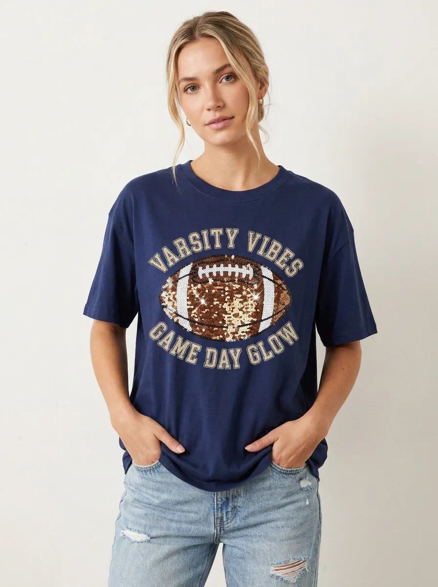 Women's Classic Football Ball Sequin Crew Neck Graphic T-Shirt