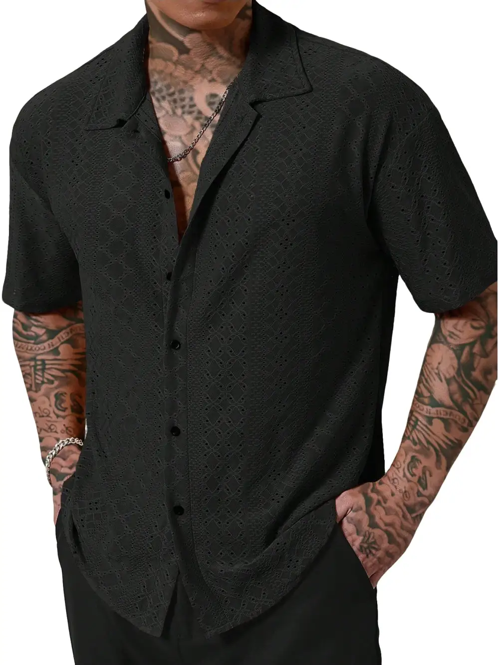 Men's Short-Sleeve Casual Shirt With Openwork Embroidery Lapel Collar And Relaxed Fit