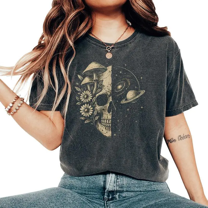 Skull Galaxy Mushroom Flowers Cosmos Aesthetic Spiritual Women's Oversized Comfort T-Shirt