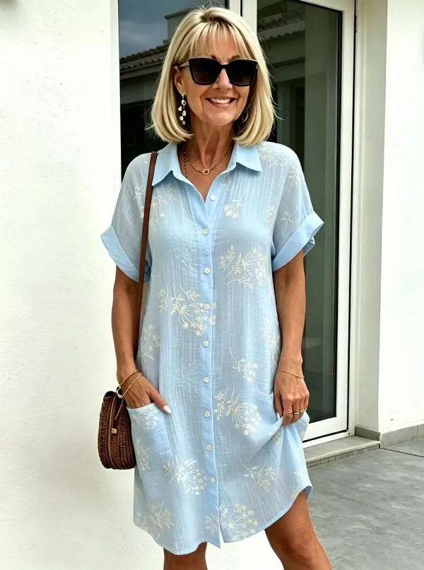 Women's Summer Vacation White Floral Printed Button-Down Shirt Dress