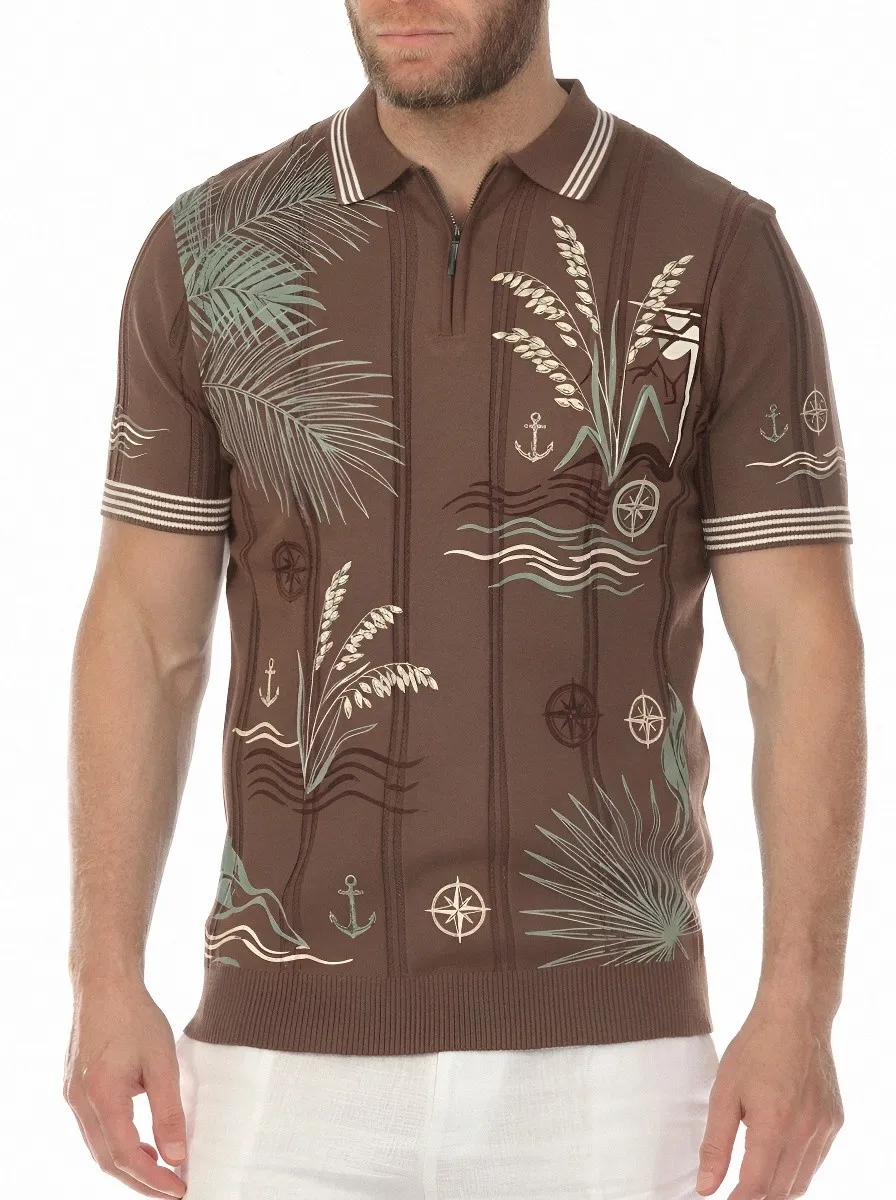 Men's Nautical Tropical Palm Compass Printed Zip Polo Shirt