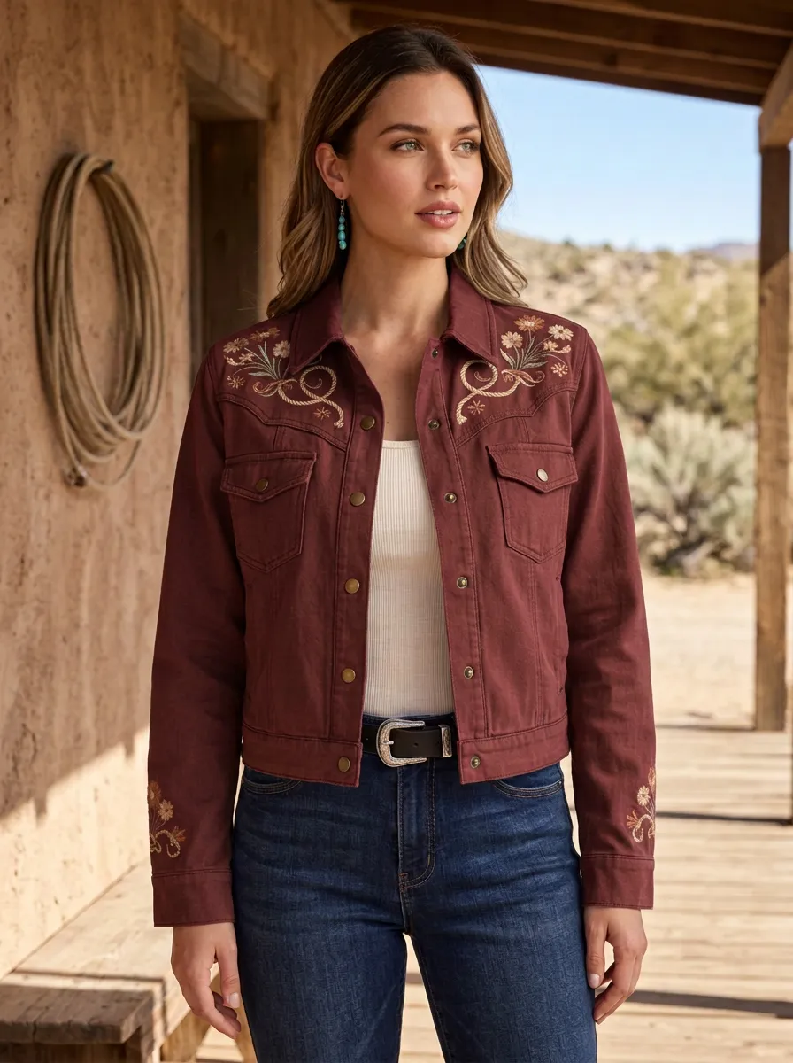 Women's Heritage Inspired Western Cowgirl Floral Embroidery Floral Embroidered Denim Jacket