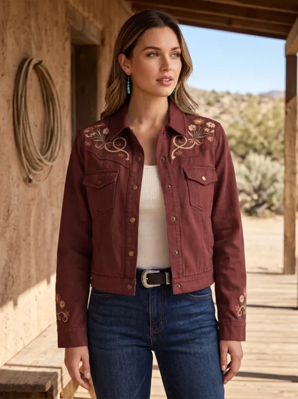 Women's Heritage Inspired Western Cowgirl Floral Embroidery Floral Embroidered Denim Jacket