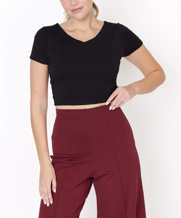 Bamboo Double Front V Neck Crop Tee