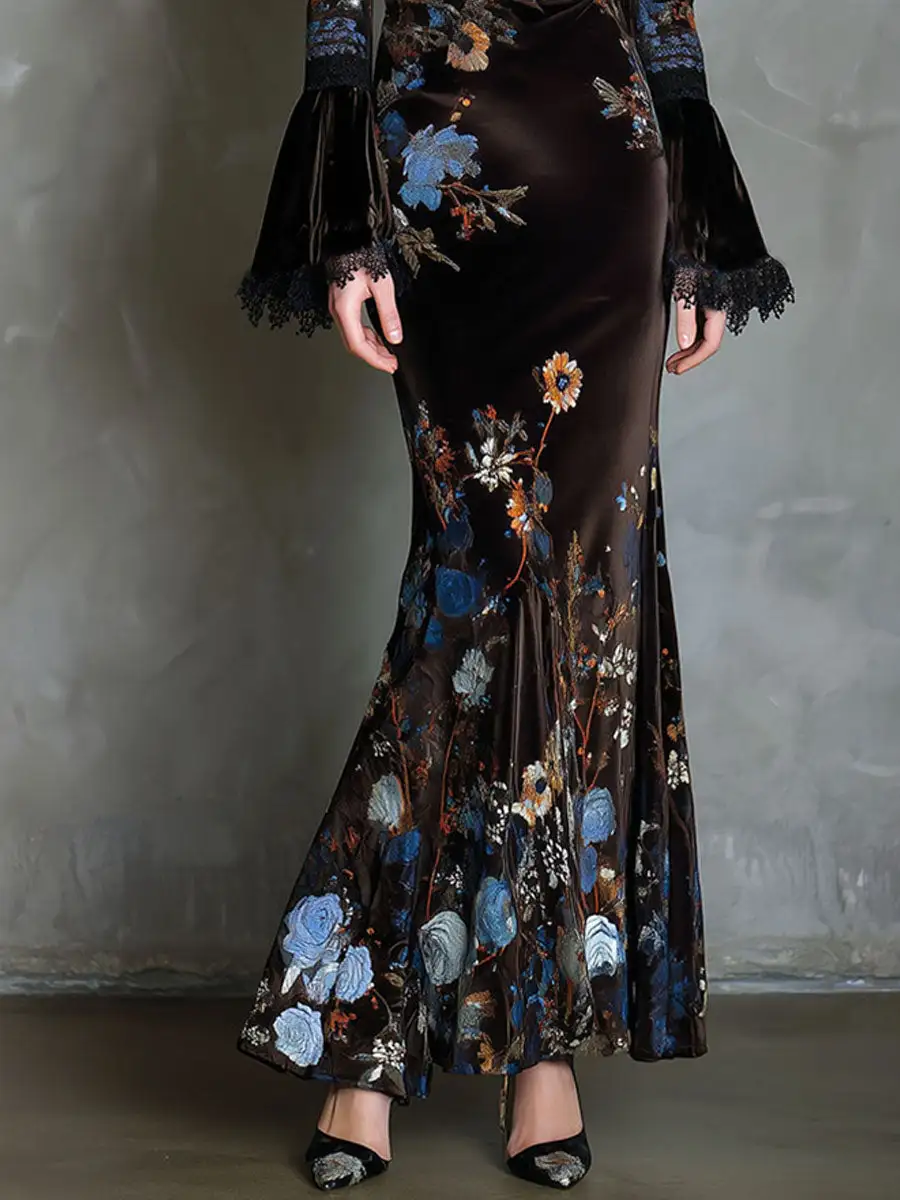 Elegance Midnight Velvet Floral Gown With Lace Trim