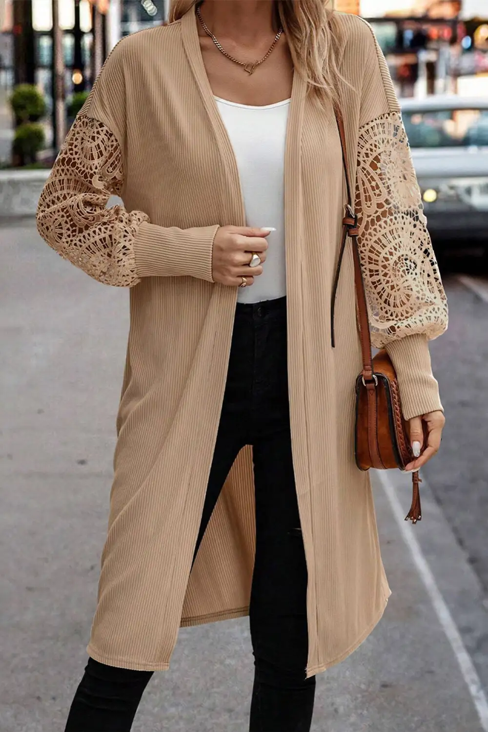 Lace Trim Ribbed Open Front Cardigan