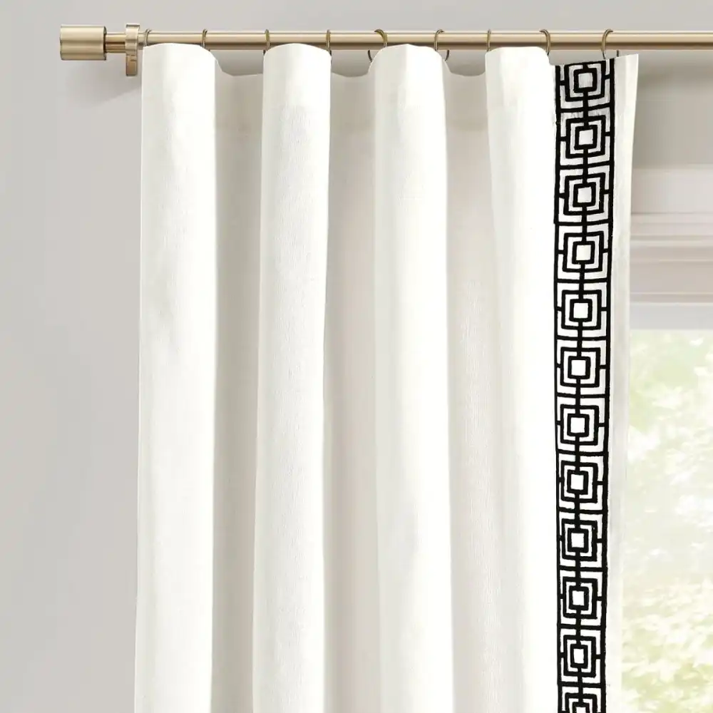 Farmhouse Geometric Faux Linen Rod Pocket Embroidery Curtain Panel