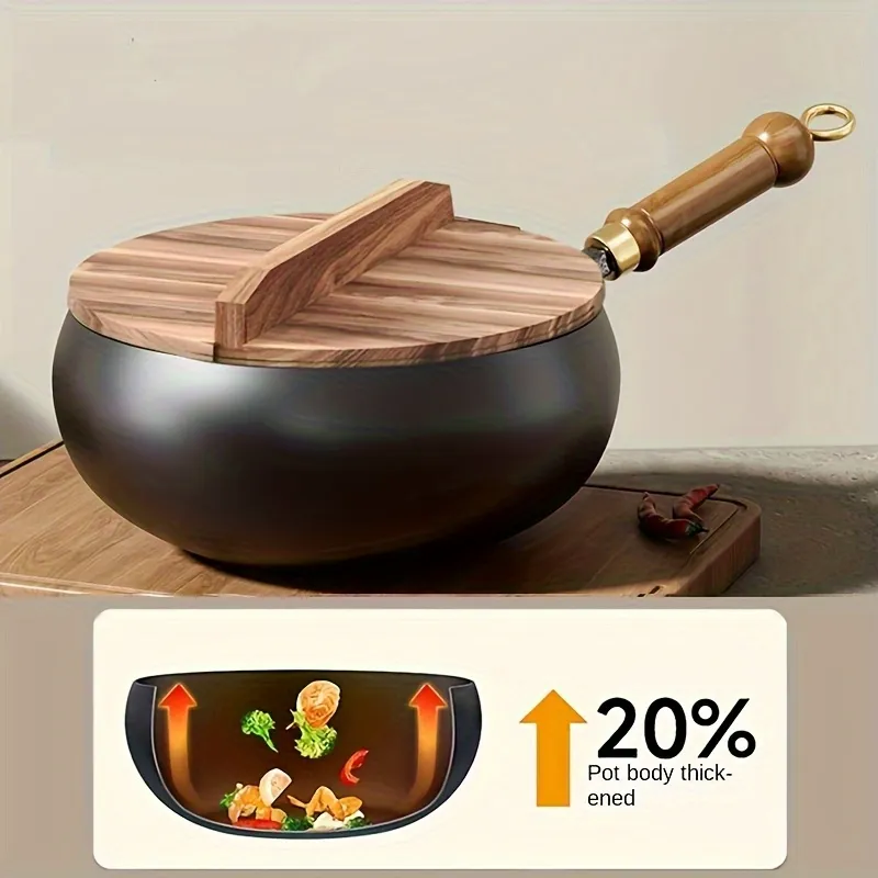 Durable Cast Aluminum Wok with Wooden Handle, Kitchen Essential for Stir-Frying and Simmering
