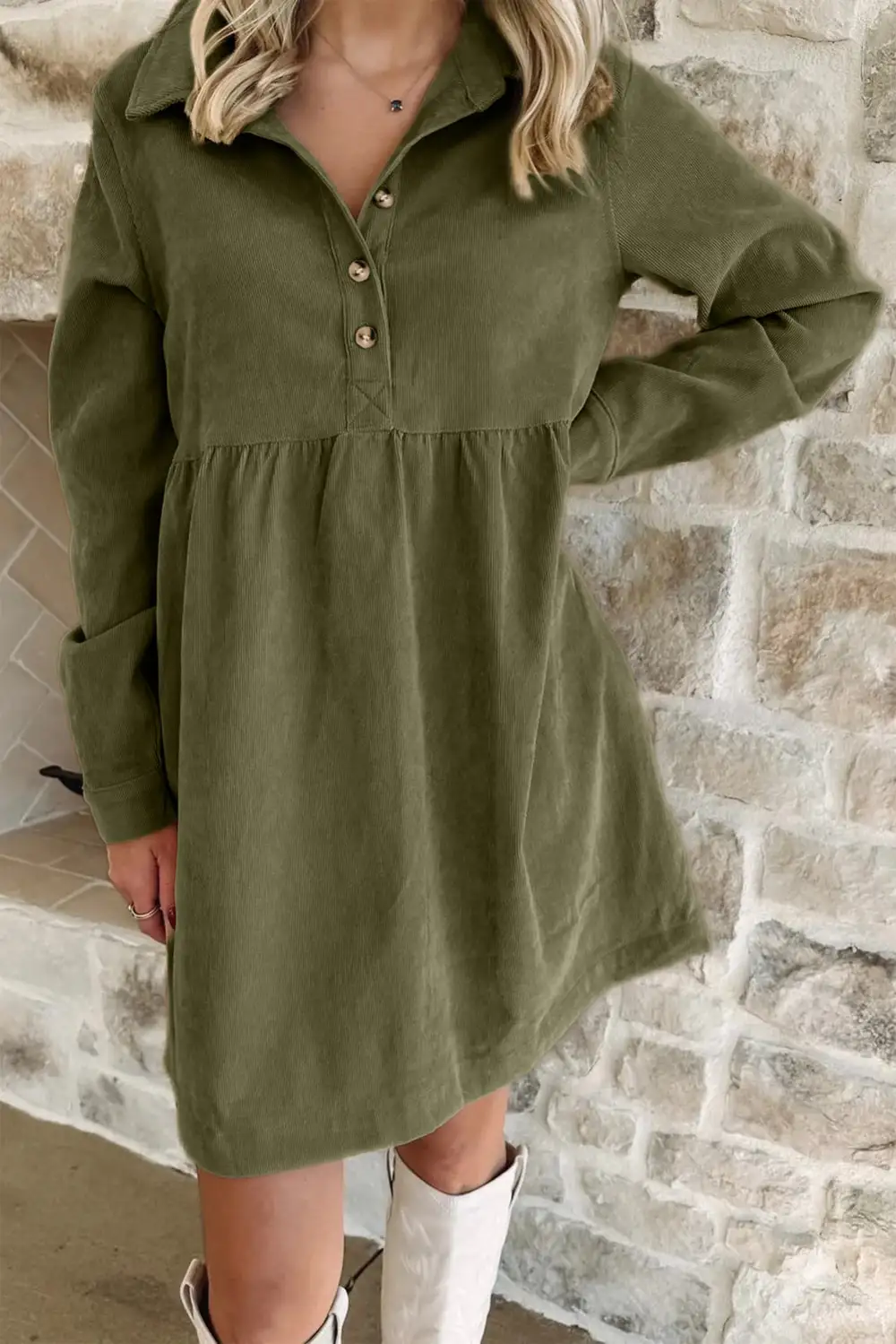 Vineyard Corduroy Half Button Collared Long Sleeve Mini Dress