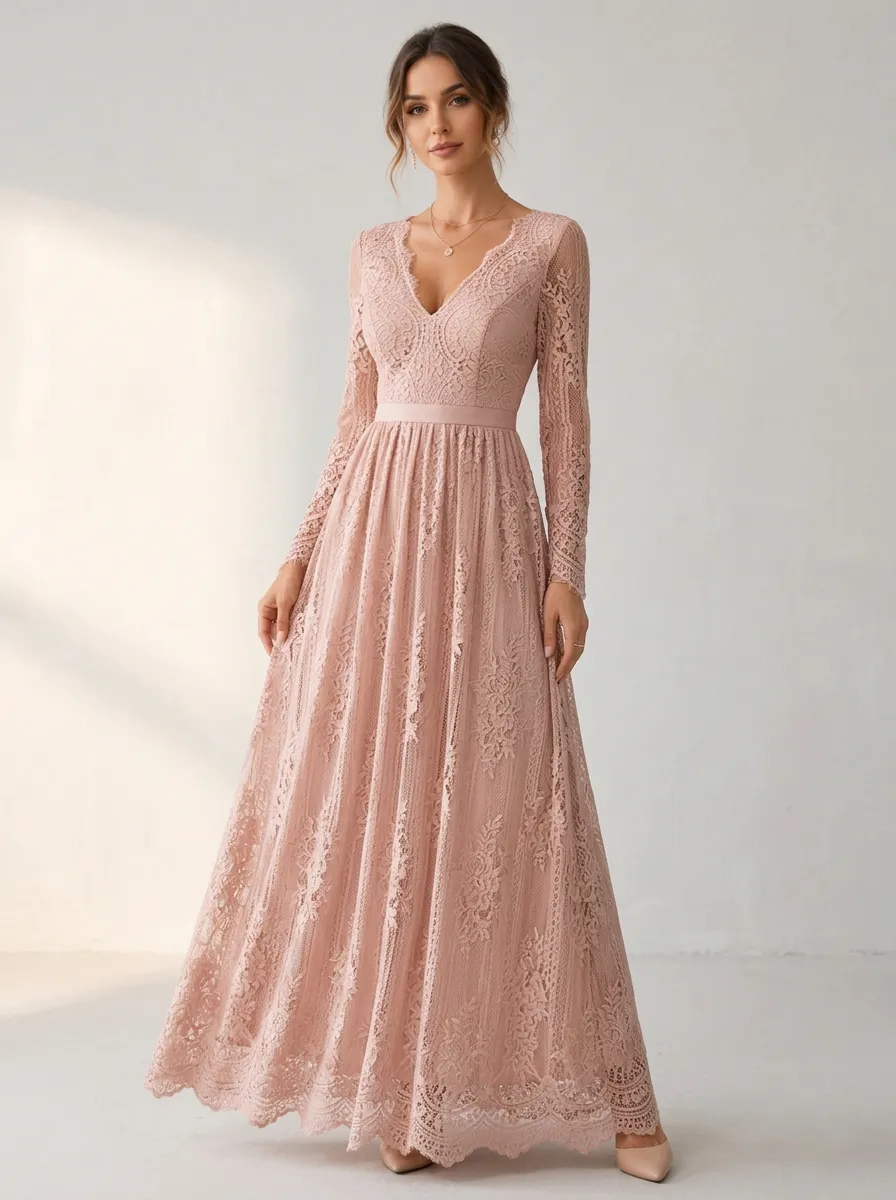 Women's Elegant Wedding V-Neck Floral Lace Long Sleeve Maxi Dress