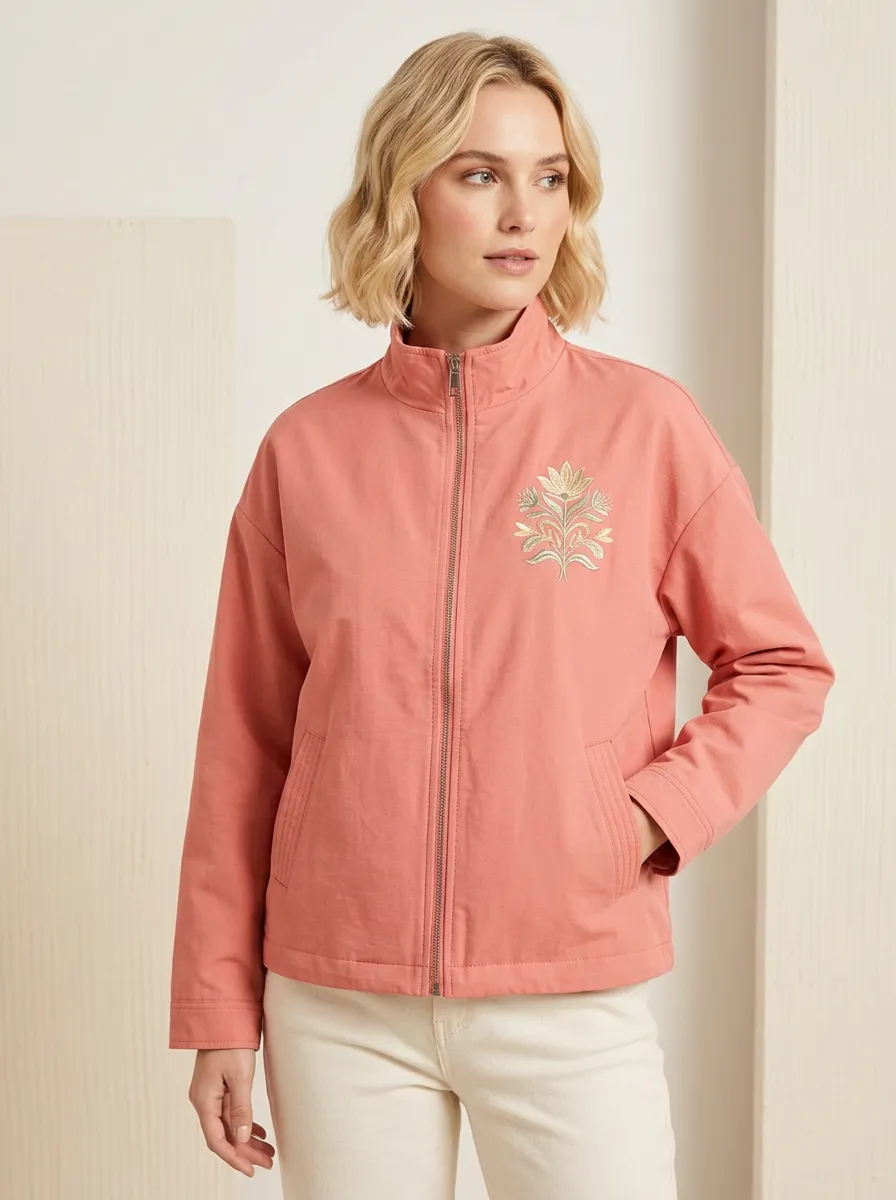 Women's Floral Botanical Pink Embroidered Zip-up Jacket