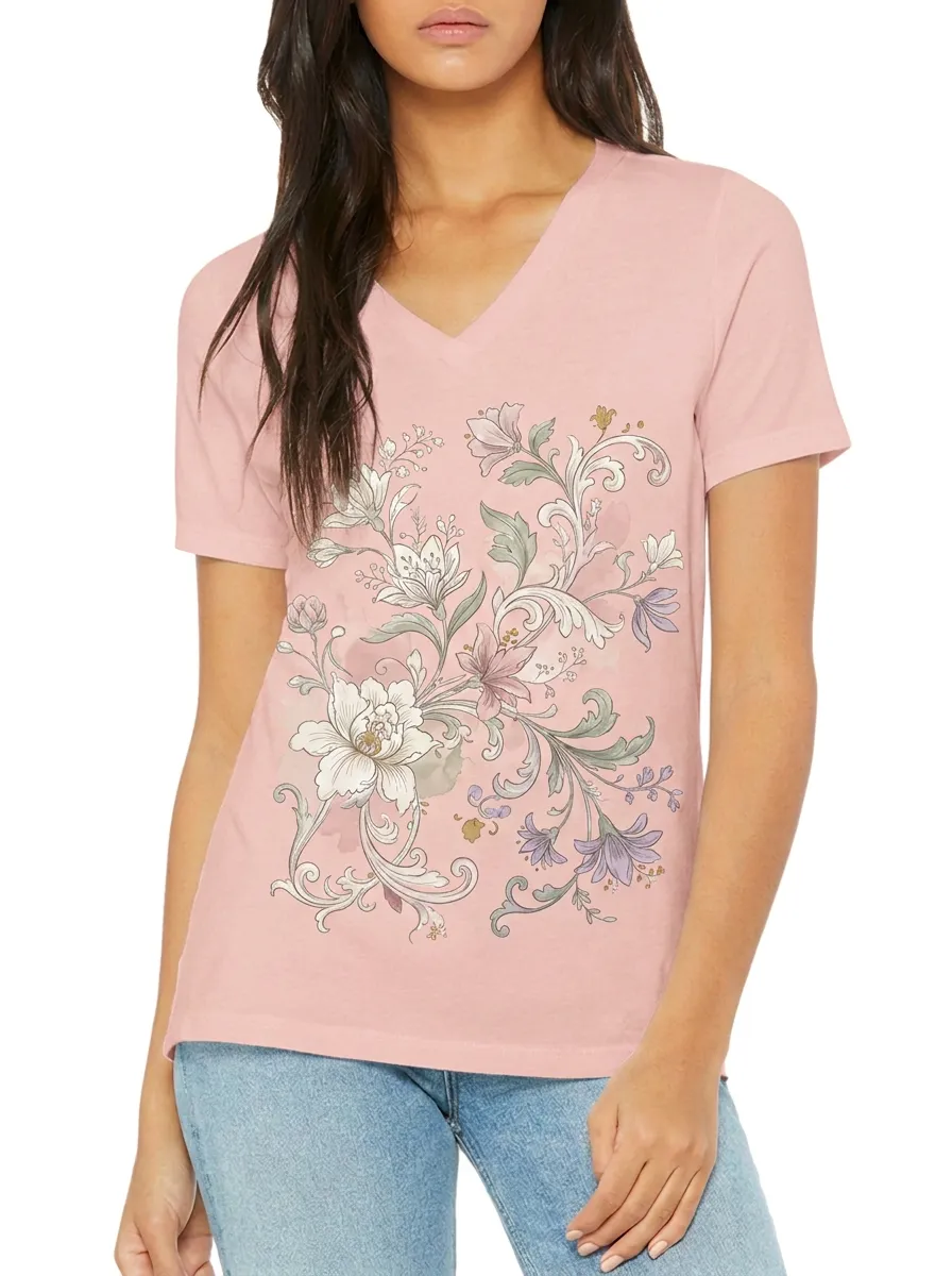 Women's Floral Lover Botanical Watercolor Printed V-neck T-shirt