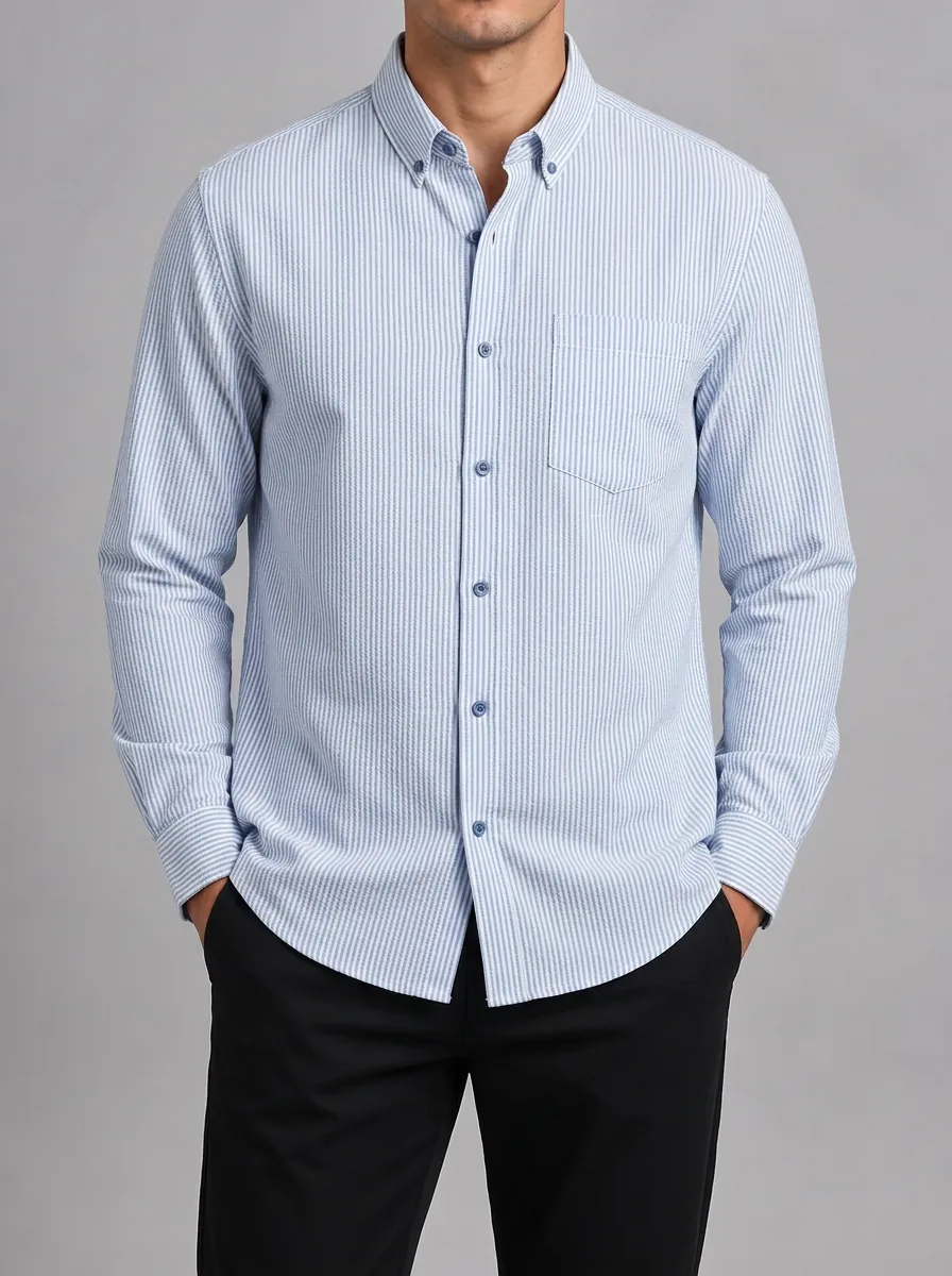 Men's Casual Business Light Blue Striped Button Down Shirt