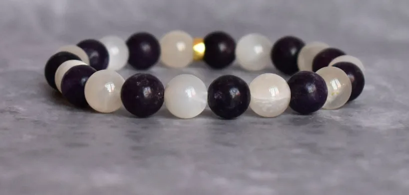 Cancerian Zodiac Moonstone Lepidolite Bead Bracelet