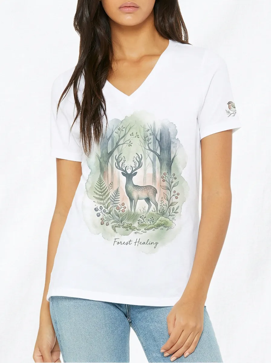 Women's Nature Lover Forest Deer Watercolor Printed V-neck T-shirt