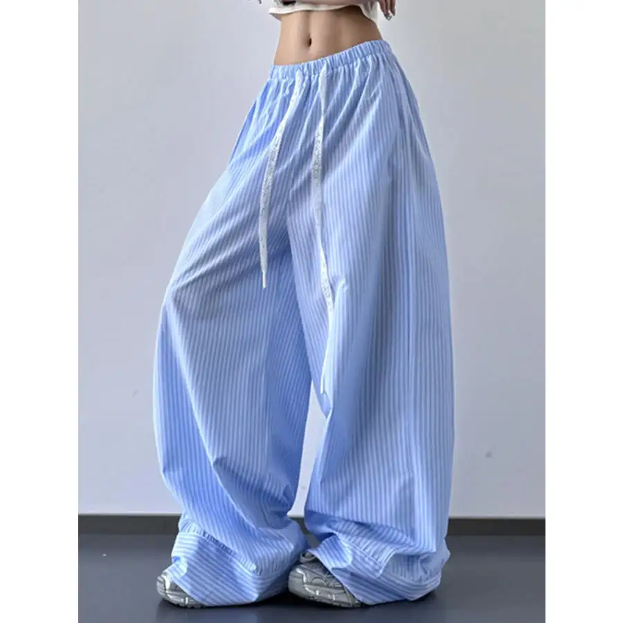 Casual Striped Wide Leg Drawstring Pants
