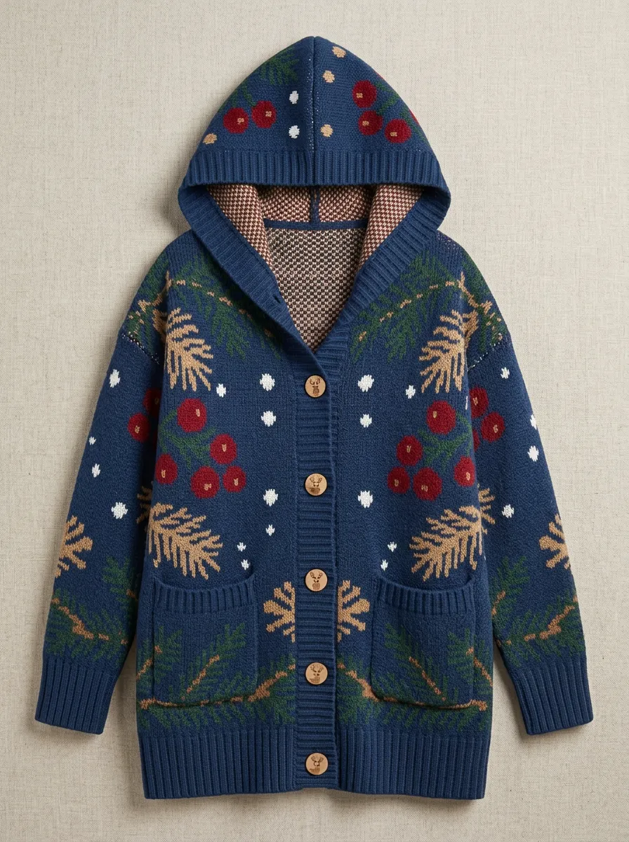 Christmas Pine Berry Pattern Knit Hooded Cardigan