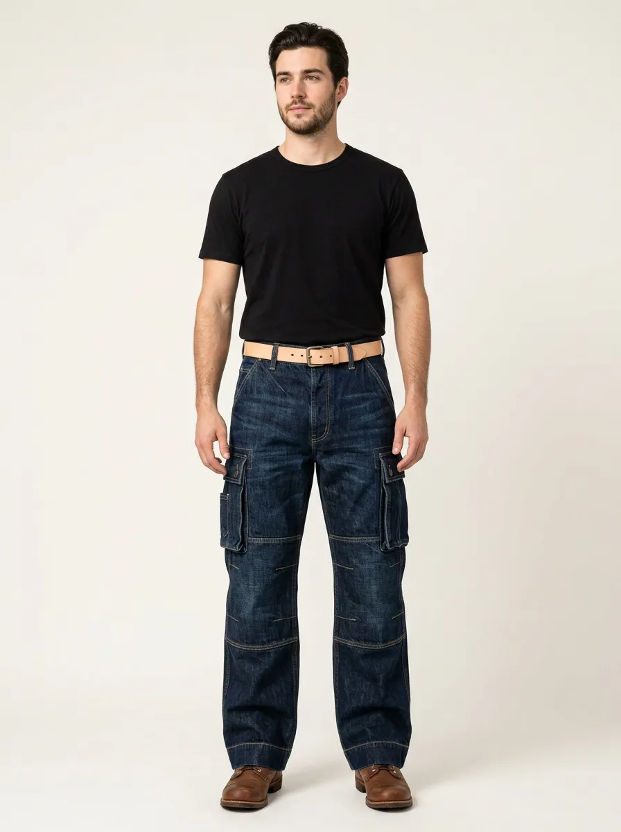 Men's Utility Style Dark Wash Denim Cargo Pants