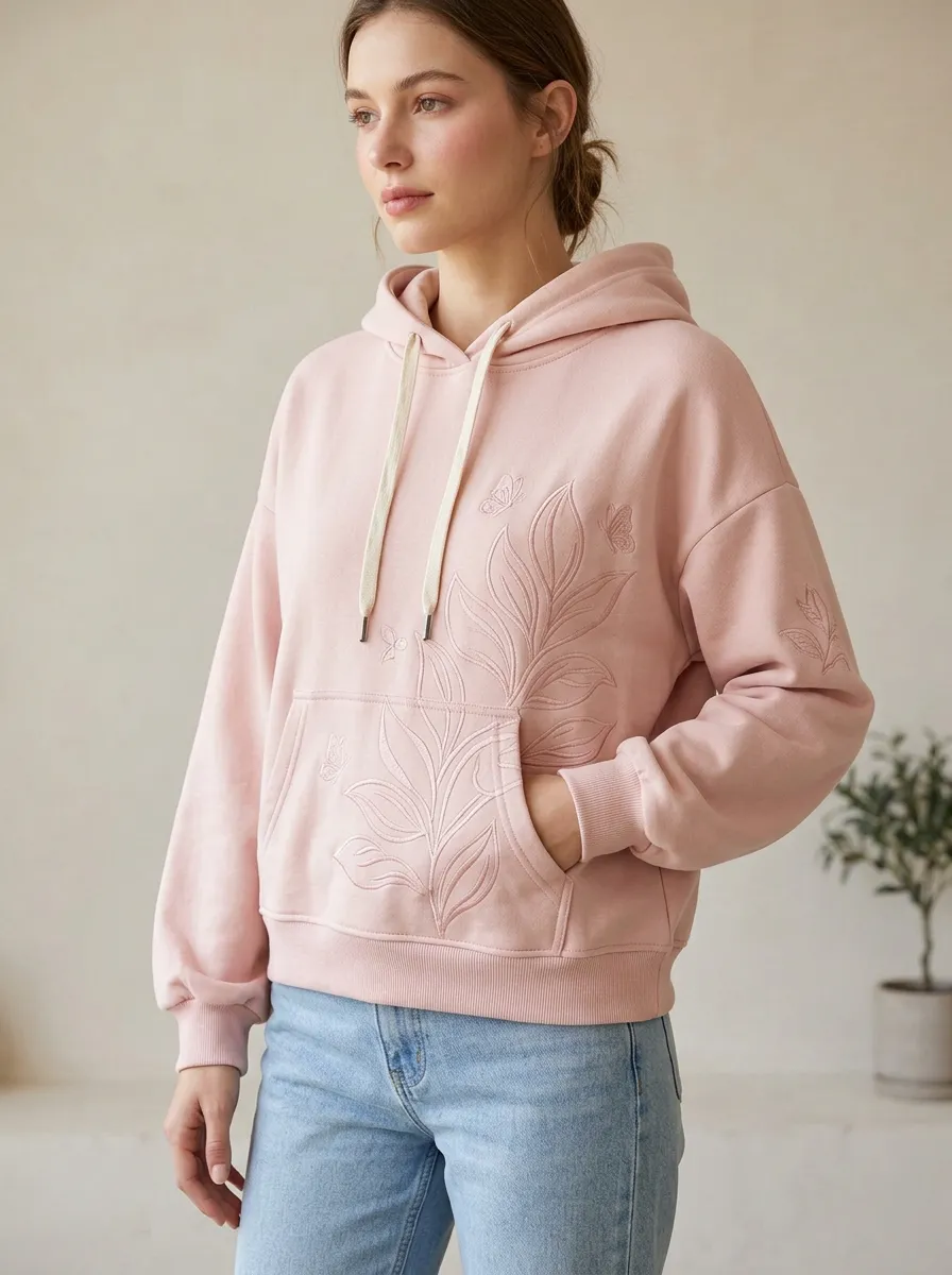 Women's Nature Lover Butterfly Leaf Embroidered Pink Hoodie