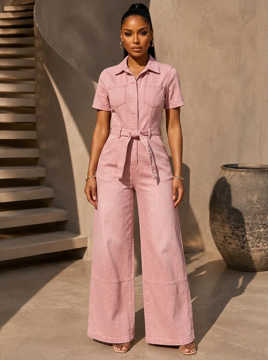 Pink Short-Sleeve Belted Denim Jumpsuit