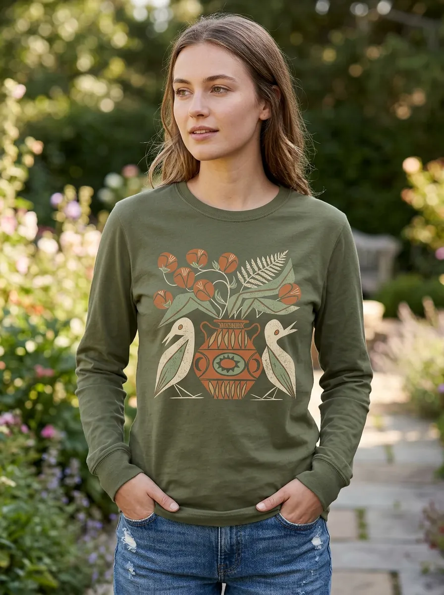 Women's Botanical Bird Vase Folk Art Printed Long Sleeve Top