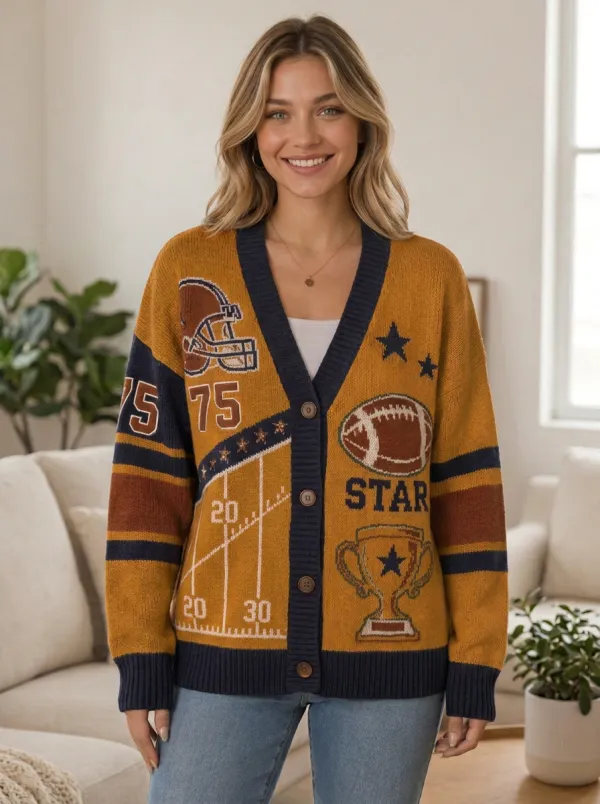 Women's Team Spirit Inspired Gridiron Helmet Trophy Ball Knit Cardigan