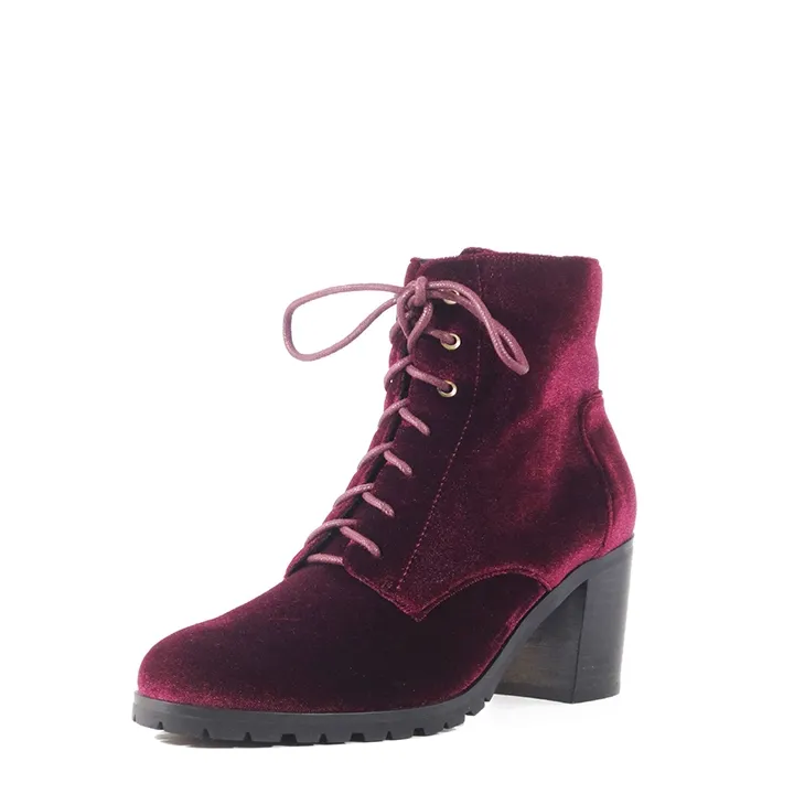 Velvet Lace Up Lug Sole Ankle Boots