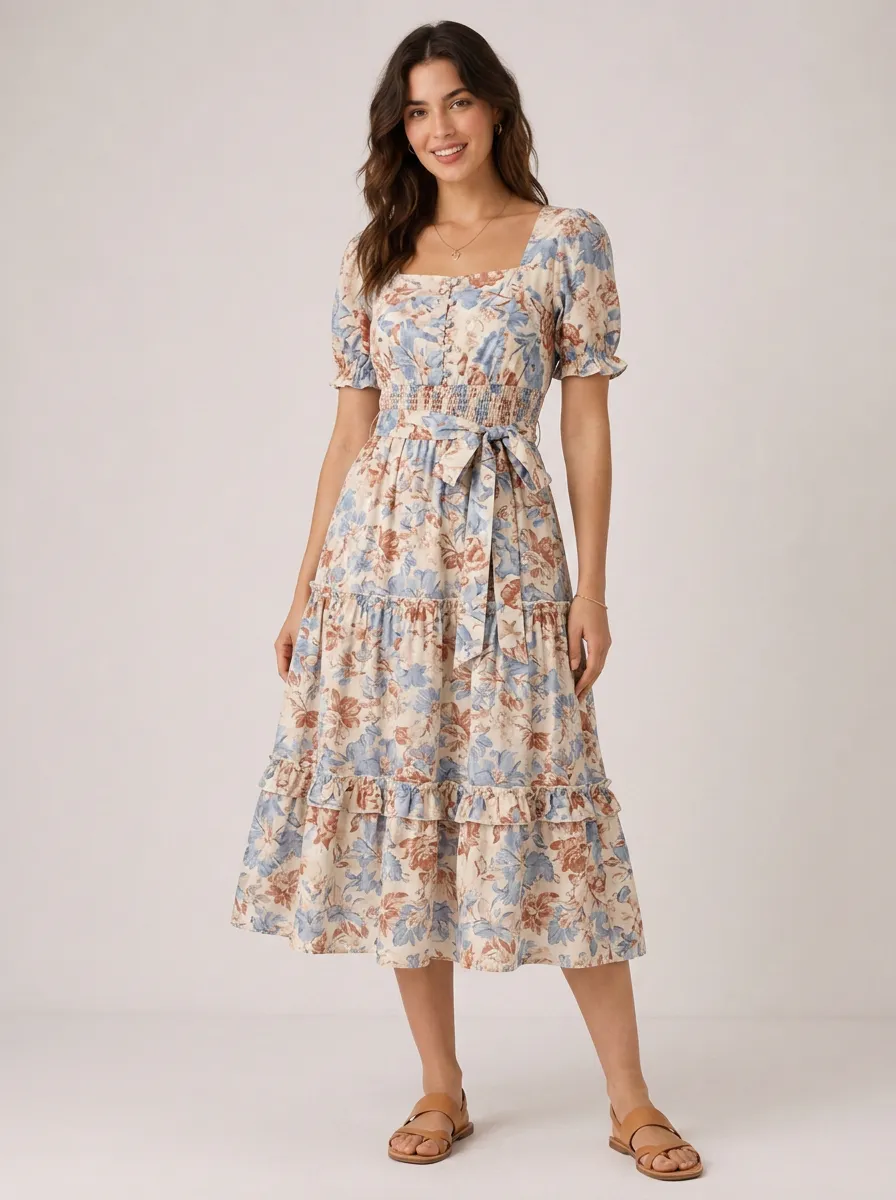 Women's Vintage Floral Square Neck Smocked Printed Midi Dress