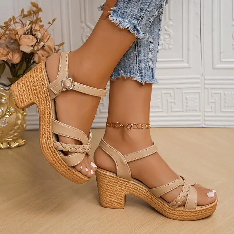 Braided Platform Ankle Strap Heeled Sandals